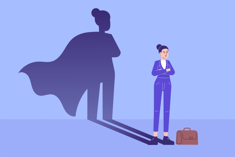Business man hero concept. Young business woman standing confidently with superhero shadow. Leadership super hero in business. Success and Ambition. Achievement and Motivation. Vector illustration Business man hero concept. Young business woman standing confidently with superhero shadow. Leadership super hero in business. Success and Ambition. Achievement and Motivation. Vector illustration
